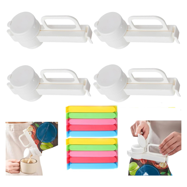 4 Bag Clips with Pouring Spout + 10 Snack Storage Sealing Clips, Reusable