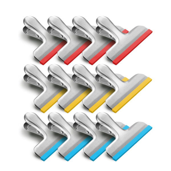 12-Pack Stainless Steel Food Bag Clips, Silicone Coated - No Sharp Edges, Suitable for Kitchen Use